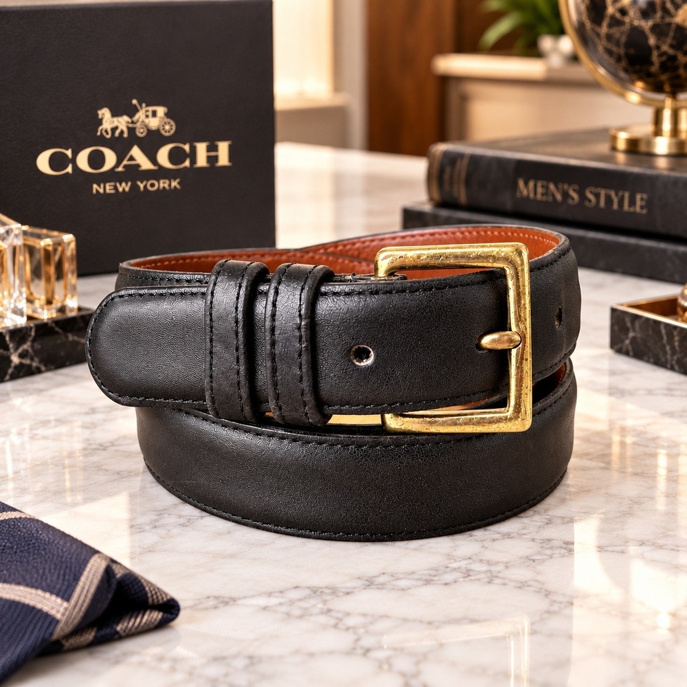 Coach Mens Black Leather Belt Solid Brass Buckle USA Made Size 38 Vintage